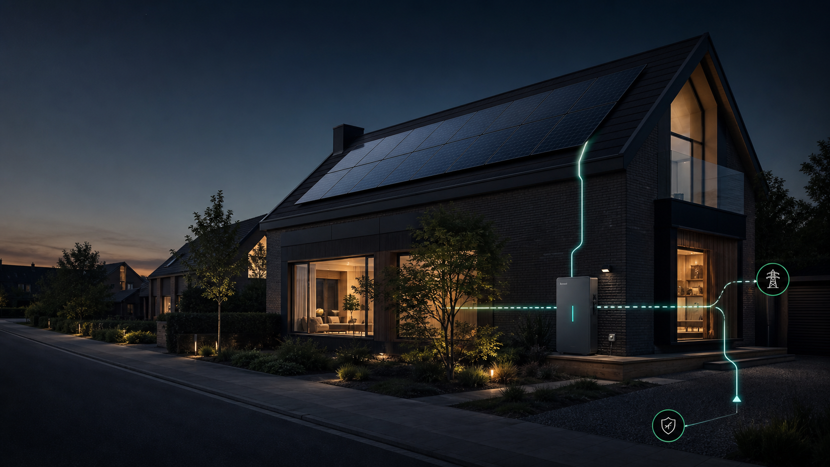 Modern home with rooftop solar, battery storage, and subtle grid energy flows